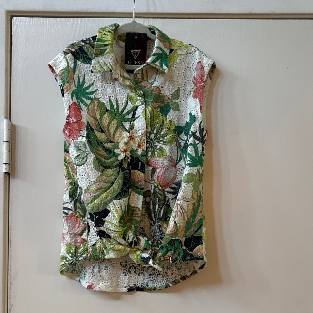 Guess Girls  Tropical Button Down Shirt - Green and Pink